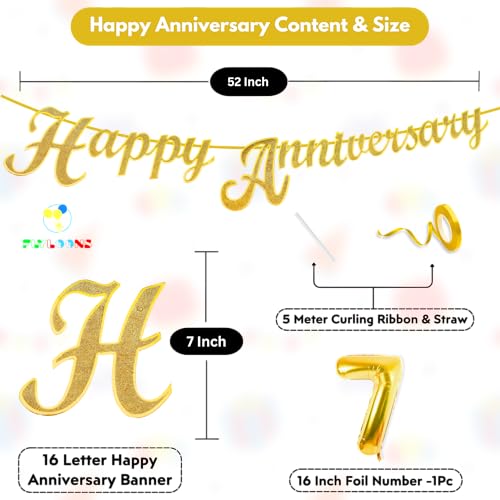 Image of Flyloons 7th Happy Anniversary Banner Gold Decorations Kit for Men Women Wedding Anniversary Banner Items without Balloons