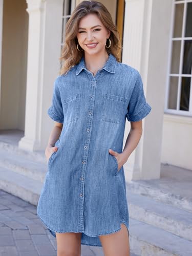 Image of OVRUNS Women Denim Shirt Dress Short Sleeve Button Front High-Low Hem Jean Shirt Mini Dresses with Pockets