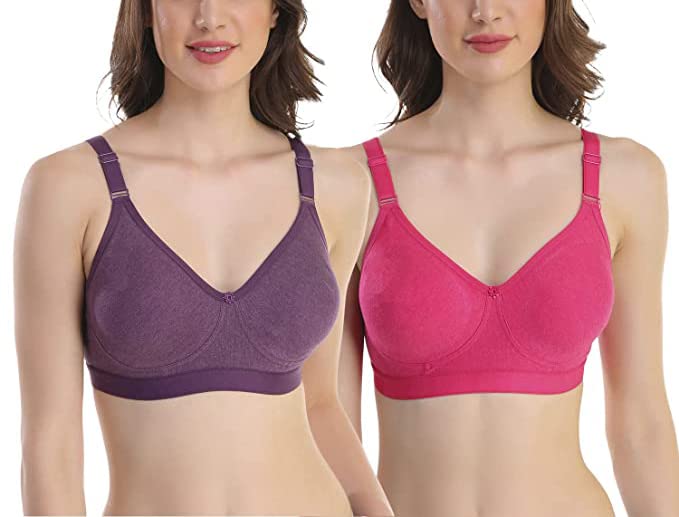 Image of SKDREAMS Blue & Brown & Purple-32D Cotton Blend Seamless Non Padded Non-Wired Full Coverage Pack of 3 Women T-Shirt Bra Combo