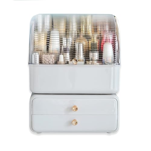 Sonhomay Organizador de maquillaje, organizador de cosméticos, a prueba de polvo, caja de almacenamiento para el cuidado de la piel con tapa y 2 cajones para dormitorio, baño, tocador