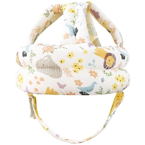 Image of Baby Head Protector Baby Helmet for Crawling Walking, No Bumps Safety Head Adjustable Protective Cap for Walking, Playing - White Animal Flower