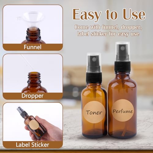 Ailvor Sprühflasche Braunglas, Klein Glas Zerstäuber Sprühflasche mit Trichte und Tropferr, Etiketten für Wasser Alkohol Kosmetik Parfüm (4, 2pcs 50ml+2pcs 30ml)