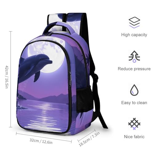 Unisex Backpack with Side Pockets, Women Men Durable Spacious Backpack, Full Moon Jumping Dolphin Art Purple Comfy Shoulder Bag for Travel, Daily Commuting2