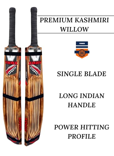 Image of Vinox Premium Kashmiri Willow Cricket Bat, Single Blade, Long Indian Handle, Power Hitting Profile