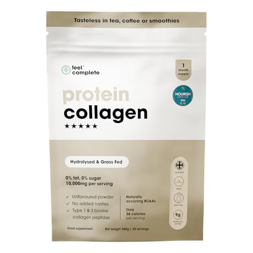 Feel Complete | High Protein Collagen Powder | No Sugar No Sweeteners | Unflavoured | Grass Fed & Hydrolysed | Premium Type 1 & 3 Bovine Peptides | Halal | Skin Hair & Nails | 300g | 30 Servings