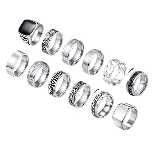 CASDAN 12Pcs Stainless Steel Vintage Signet Rings for Men Silver Square Pinky Thumb Chunky Thin Band Spinning Biker Band Rings Set Size 10