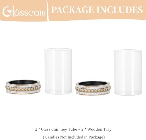 Glasseam Wooden Pillar Candle Holder, Clear Hurricane Candle Holder Set of 2, Rustic Christmas Candle Holders for Living Room, Glass Cylinder Candle Holder with Beaded Candle Tray for Home Decor