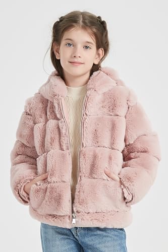Image of Giolshon Girls Faux Fur Fleece Jacket Sherpa Fuzzy Hoodie Winter Coat with Full Zip Fluffy Outerwear 2169