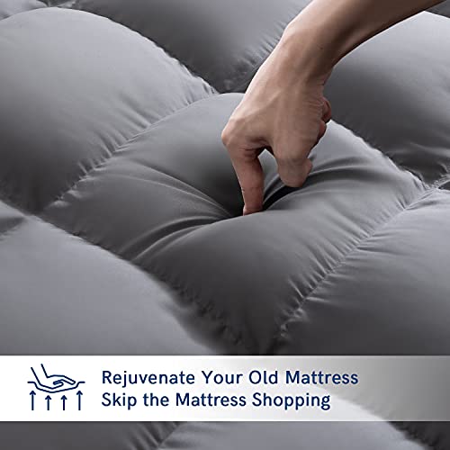 ELEMUSE Cal King Grey Mattress Topper for Back Pain, Extra Thick Mattress Pad Cover, Plush Soft Pillowtop with Elastic Deep Pocket, Overfilled Down Alternative Filling
