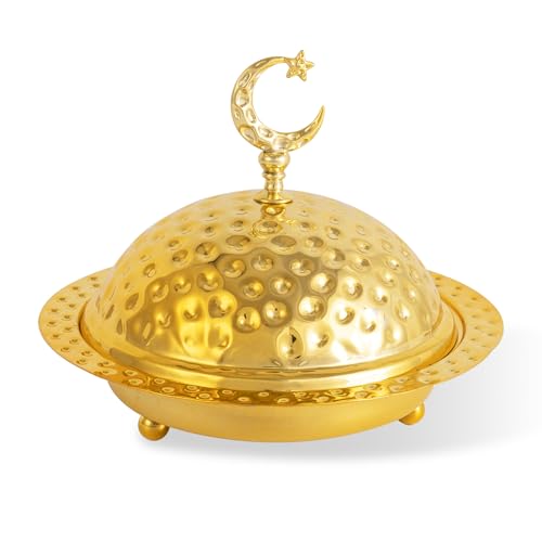 flangairy Gold Metal Ramadan Serving Trays with Lid, 6.8" Eid Mubarak Date Holder Food Bowl Dishes Tray Plates Dining Table Centerpieces Decor, Islamic Decorations for Home, Ramadan Gift for Muslim