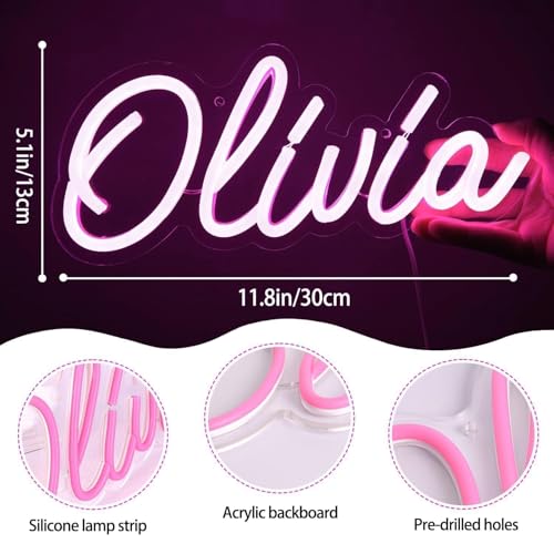 Image of Olivia Name Neon Sign,LED Name Neon Light for Kids Bedroom,Birthday Party Decoration,Neon Sign Customizable for Girl,Birthday Name Deocr,Size 11.8 * 5.1 inches(JTLD013-08)