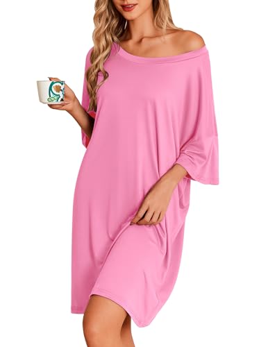 Image of Ekouaer Plus Size Nightgowns for Women Oversized Sleep Shirt Short Sleeve Nightshirt T-Shirt Dress Sleepwear S-5XL