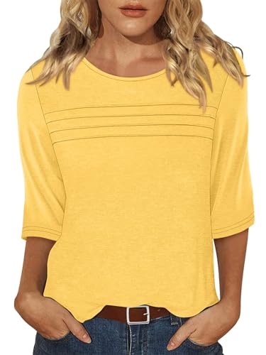 KISSMODA Womens 3/4 Sleeve T Shirts Crew Neck Casual Blouses Cute Pleated Summer Tunic Tops Trendy Basic Tees Bright Yellow