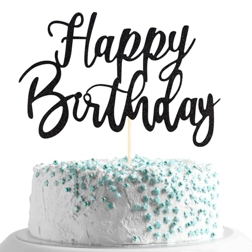 UXYOKM Decoración negra para tarta de cumpleaños con purpurina para niños y niñas, baby shower, cumpleaños, aniversario, celebración, fiesta, suministros de decoración de pasteles