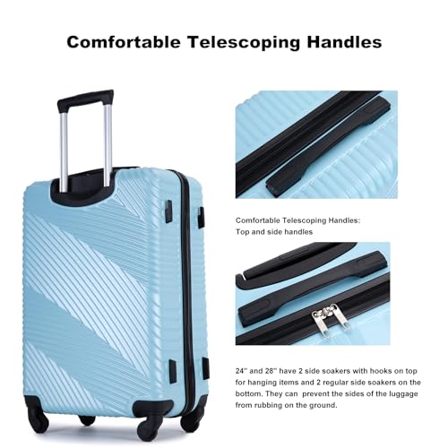 3 Piece Luggage Sets PC+ABS Lightweight Suitcase with Two Hooks, Spinner Wheels, (20/24/28) Aqua Blue3