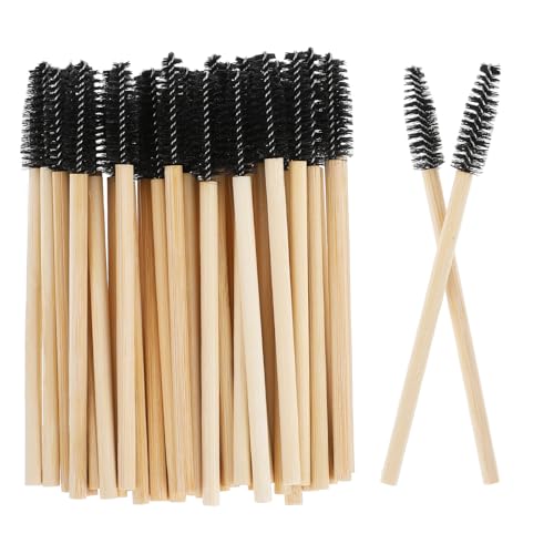 100個 バンブーハンドル マスカラワンド まつげブラシ スプーリー アイラッシュエクステンション用 使い捨てまつげブラシ 眉毛竹スティック 環境に優しいラッシュエクステンションツール、ブラック