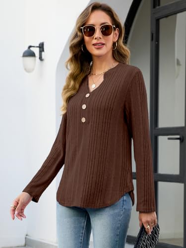 VUTRU Top for Women Tunic Pullover V Neck Henley Long Sleeve Knit Sweater Casual Shirt Blouse, Brown M — view 4