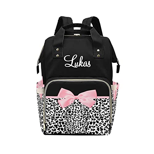 Grandkli Leopard Print Pink Bow Personalized Diaper Bag Multi-Function Backpack Nappy Bag Travel DayPack for Unisex, One Size