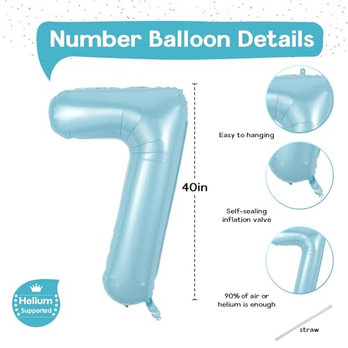 Image of 40 Inch 7th Birthday Number Balloon, Baby Blue Foil Giant Self Inflating 7 Balloons, Mylar Light Sky Blue Helium Number 7 Balloons for Boys Kids Birthday Party Decor Anniversary Decorations Supplies