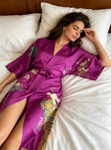 Image of Women's Classic 100% Silk Kimono Robe, Bathrobe-Printed Pattern