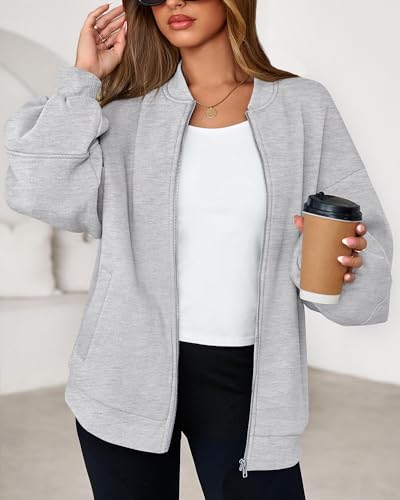 KIRUNDO Oversized Sweatshirt for Women Zip Up Bomber Jacket 2026 Fall Fashion Casual Long Sleeve Outerwear Winter Outfits(Grey, Small) - Thumbnail 7