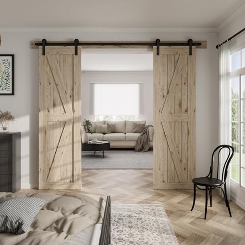 Image of CCJH 9FT Sliding Barn Door Hardware Kit, Heavy Duty, Smoothly and Silently, Easy to Install, Fit 27 inch Width Double Door Panel, I Shaped Hangers Black