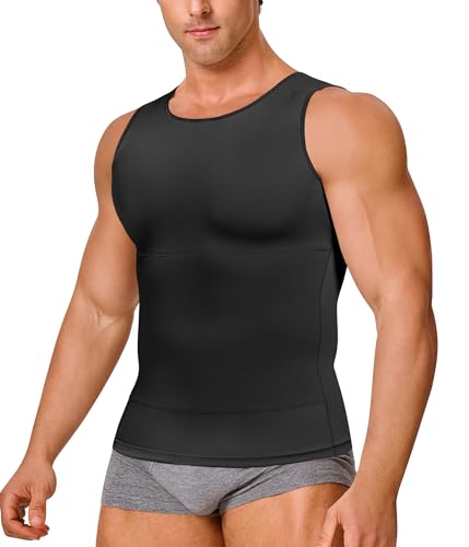 Gotoly Men Compression Shirt Shapewear Slimming Body Shaper Vest Undershirt Tummy Control Tank Top (Black, L: Fit Waist 31.5-33.4 Inch)