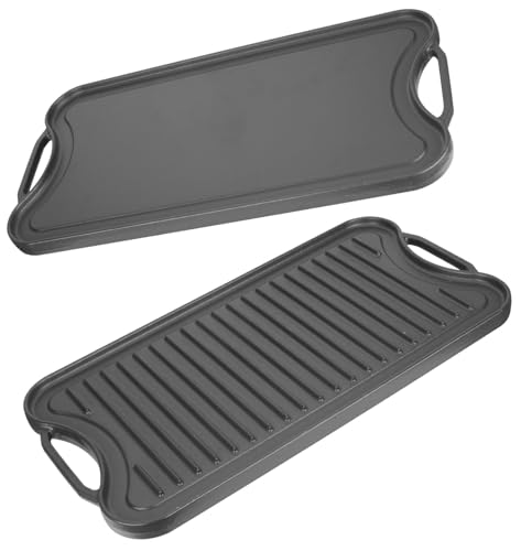 PETKAO Reversible Cast Iron Griddle Plate for Gas Grill, Stovetop Grill Pan for Electric Stove, Pre-Seasoned Grill Griddle Pan for Gas Stove Top 2 Burner, Extra Large Stove Top Grill Plate 20" x 10.5"