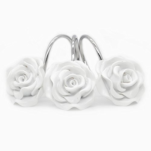 Beavo Shower Curtain Hooks, Home Decorative Rustproof Shower Curtain Hooks Resin Rose Flower Shower Hooks Rings For Bathroom Shower Rods Curtains,Set Of 12 Hooks (White) #TOP1