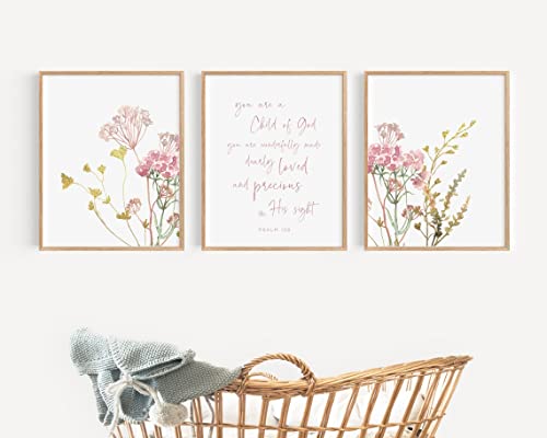 Jesc Set Of 3 Scripture Christian Nursery Art Child Of God Wall Art Girl Baby Room Bible Verse Canvas Print Pink Flowers With Inner Wooden Frame #TOP1