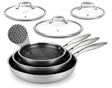 Nutrichef 6-Piece Tri-Ply Stainless Steel Frying Pan Set – 8', 10', 12' Non-Stick Skillets With Lids, Induction Compatible, Oven Safe, Scratch-Resistant, Dishwasher Safe