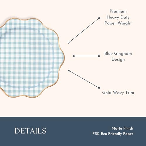 Image of Bonjour Fete Elegant Light Blue Gingham Paper Party Dinner Plates | Large Disposable Size for Baby Showers, Spring Parties & Birthday Celebrations | Premium Supplies & Decorations | Pack of 8, 11 inch