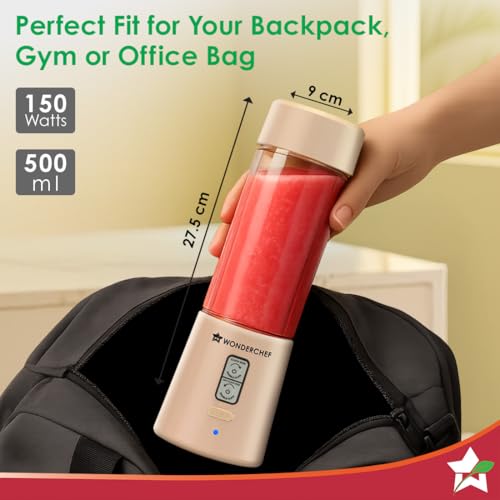 Image of Wonderchef Twister Portable Blender, 500ml, Dual-rotation Stainless-steel Blades, For Crushing Ice, Smoothies, Shakes, Salad Dressings, For Backpacks /Office Bags, Type-c Charge, 1-Yr Warranty, Coffee