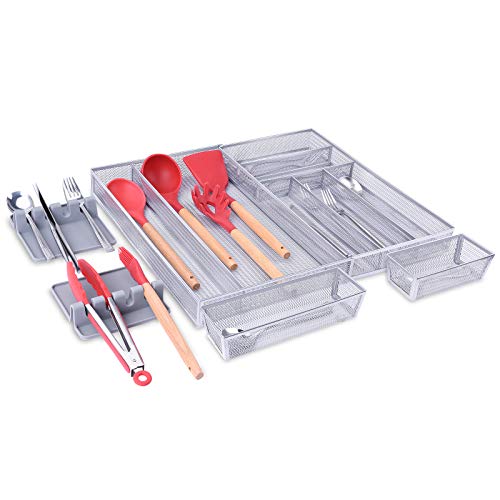 Organizador de cajón de cocina expansible, 7 + 2 grandes utensilios de plata, bandeja de cubiertos de malla con 2 soportes de cuchara negras gris, bandeja de almacenamiento para utensilios de cocina