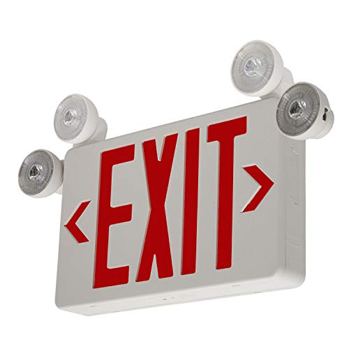 LFI Lights | Compact Combo Red Exit Sign with Emergency Lights | White Housing | All LED | Two Adjustable Round Heads | Hardwired with Battery Backup | UL Listed | (1 Pack) | COMBOC-R-W-BB