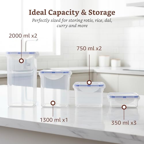 Image of Amazon Brand - Solimo Square Plastic Storage Jar & Container Set | Airtight Lid | BPA-Free Plastic | Microwave Safe | Dishwasher Safe | Kitchen Storage | 350ml, 730ml, 1200ml & 2000ml | Set of 8