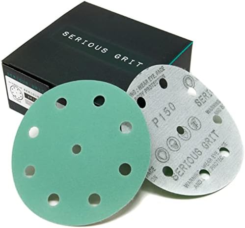 Serious Grit - 5-Inch 9-Hole 150 Grit Sanding Discs - Heavy-Duty Hook & Loop Velcro-Backed Film Discs - Sandpaper for Random Orbital Sanders - 50 Pack Box