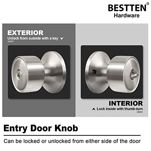 Bestten Geneva Series Keyed Entry Door Knob Set With Lock And Keys, Removable Latch Plate, Standard Ball, Satin Nickel #TOP3