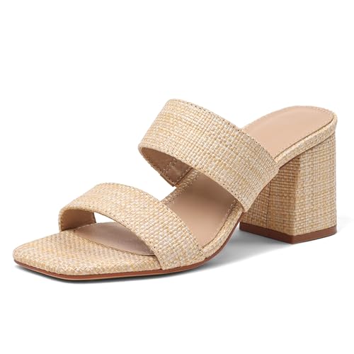 Image of Ancomafio Heeled Sandals for Women Raffia Sandals 2025 Chunky Block Heels Square Open Toe Heels Double Strap Summer Dressy Shoes Slip On