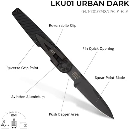 Extrema Ratio - LKU01 (Urban Dark), Böhler N690 Steel Blade 58 HRC, Black Burnished Finish, Smooth Aluminum Handle, Compact Design, Italian Craftsmanship