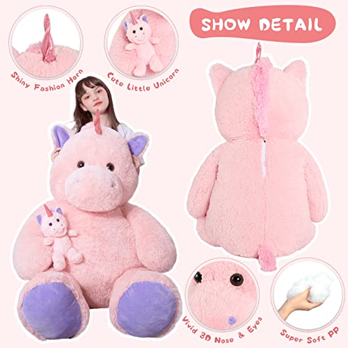 Morismos Giant Stuffed Unicorn 4 Foot, 51'' Giant Unicorn Stuffed Animal, 2-In-1 Big Stuffed Unicorn & Baby Unicorn Doll, Pink Unicorn Stuffed Animal For Girl Kid On Birthday Christmas Valentine's Day #TOP5