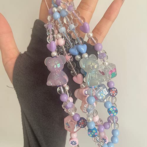 Meefisher 3 Pcs Purple Pink Blue Bears,Pink Beaded White Bear Phone Charm Lanyard Wrist Strap Cute Flower Charms Anti-Lost Chain Accessories Sweet Gifts For Women Girls #TOP6