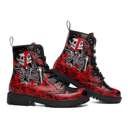 Women's Combat Ankle Boots, Heart Print Fashion Short Booties Rose and Skull Durable Lace-Up Work Boots, Gift For Her Lover3