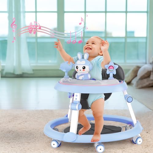 Trotteur Bébé Pliable, Youpala Bébé Évolutif Réglable en Hauteur 7 Niveaux, Trotteur Bébé Multifonction avec Roues Silencieuses Centre Activités Plateau Amovible Anti Basculement 6 à 18 Mois (Bleu)