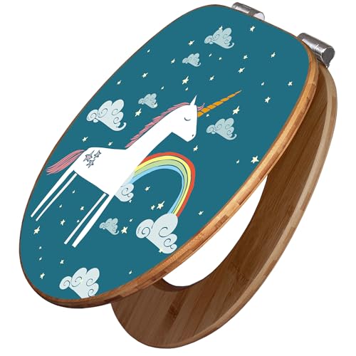 banjado Design WC Sitz Bambus Absenkautomatik 45,8x37,5cm - Toilettendeckel mit Absenkautomatik Holz - hochwertiger Bambus Klodeckel - WC-Sitz für gängigen Toiletten - Motiv Einhorn