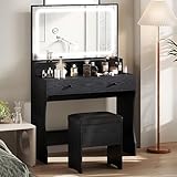 IRONCK Vanity Desk Set with LED Lighted Mirror & Power Outlet, Makeup Vanity Table with 4 Drawers,Storage Bench,for Bedroom, Bathroom, Black