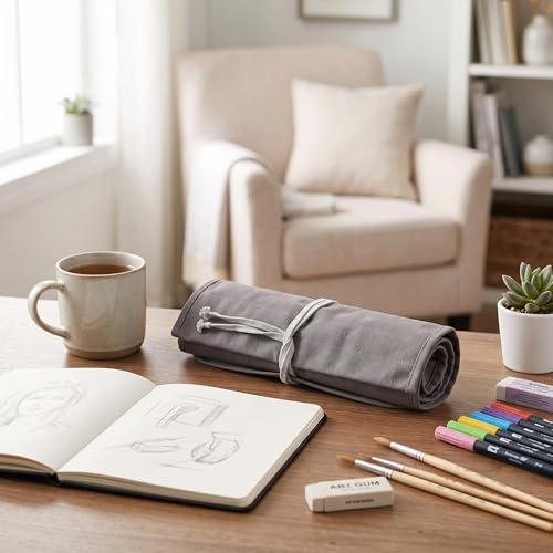 Image of GLOGLOW Storage Organizer Roll-Up Case Bag, Compact Portable Painting Tool Bag Gray Travel Brush Organizer for Artists Art Supplies Home or Studio Use