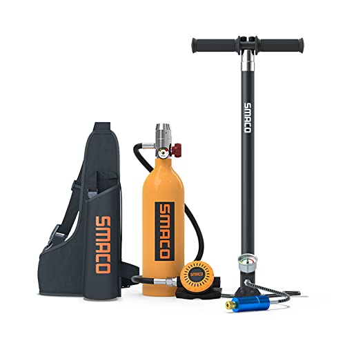 SMACO Tauchflasche 1L Tauch-Sauerstoffflasche Mit Handpumpe Unterstützen Sie 15-20 Minuten Unterwasseratmung(Nicht Mehr als 30m) Wird zum Tauchen von Sightseeing/Backup-Luftquelle Verwendet, Orange Cover