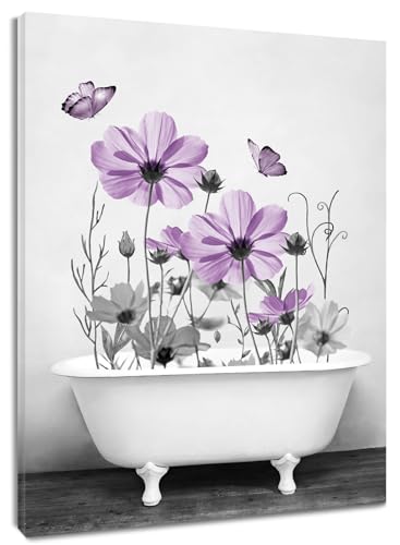 HVEST Purple Floral Wall Art for Living Room,Country Flower and Butterfly in Bathtub on Rustic Wood Canvas Wall Art Rustic Grey Wildflower Pictures for Bathroom Bedroom Wall Decor,16L X 12W inches