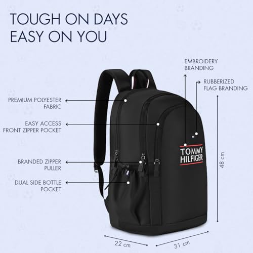 Image of Tommy Hilfiger Student School Bag & University Backpack Coral - Black | Durable Water-Resistant Polyester with Premium Embroidery | Multi-Utility Organiser & Rain Cover | 33L Capacity